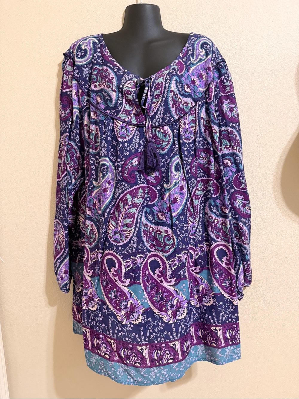 Avenue Purple Paisley Tie-Neck Tunic with Teal Accents